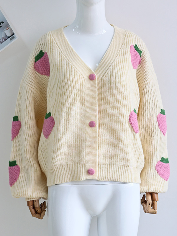 V-Neck Beige Strawberry Embellished Knit Sweater