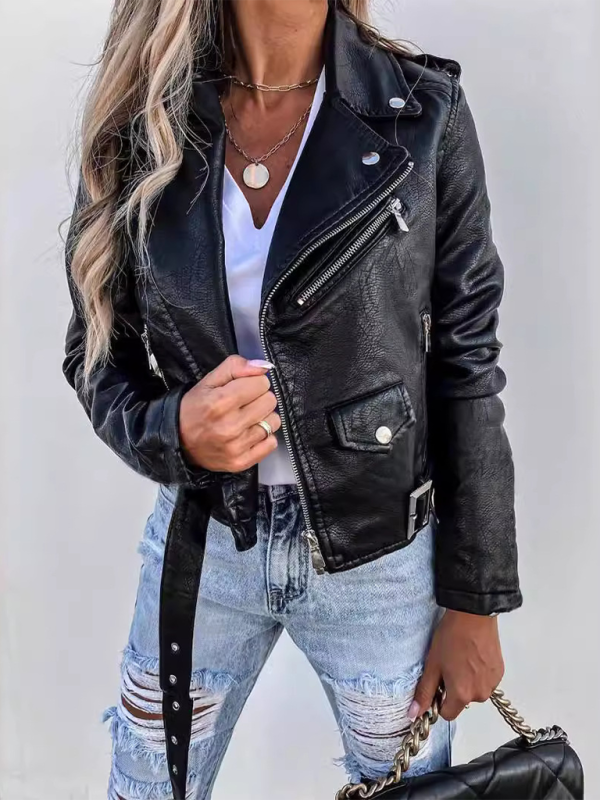 PU Leather Biker Zipper Short Jacket