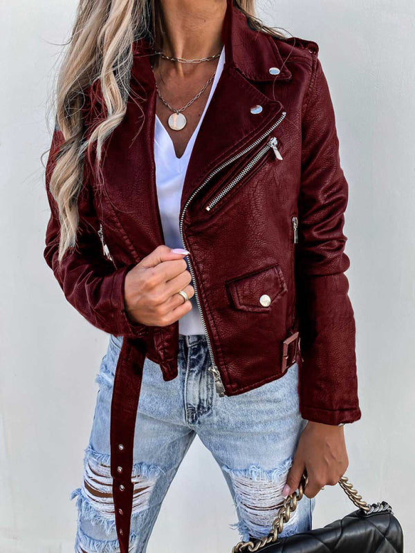 PU Leather Biker Zipper Short Jacket