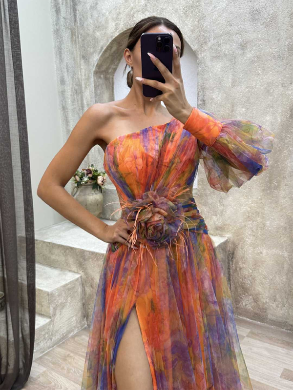 Mesh 3D Flower Feather One Shoulder Dress