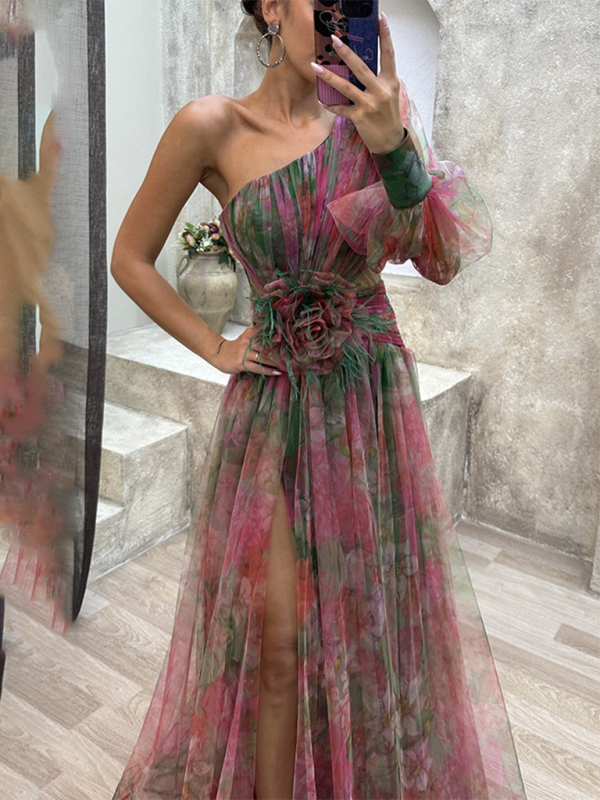 Mesh 3D Flower Feather One Shoulder Dress