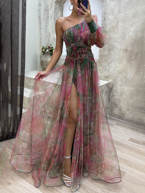 Mesh 3D Flower Feather One Shoulder Dress