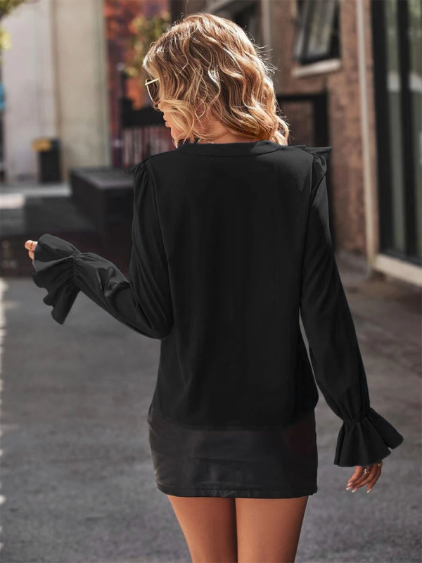 Ruffle V-neck Long Sleeve Shirt