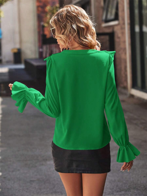 Ruffle V-neck Long Sleeve Shirt