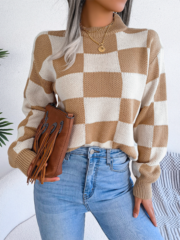 Plaid Knit Long Sleeve Pullover Sweater