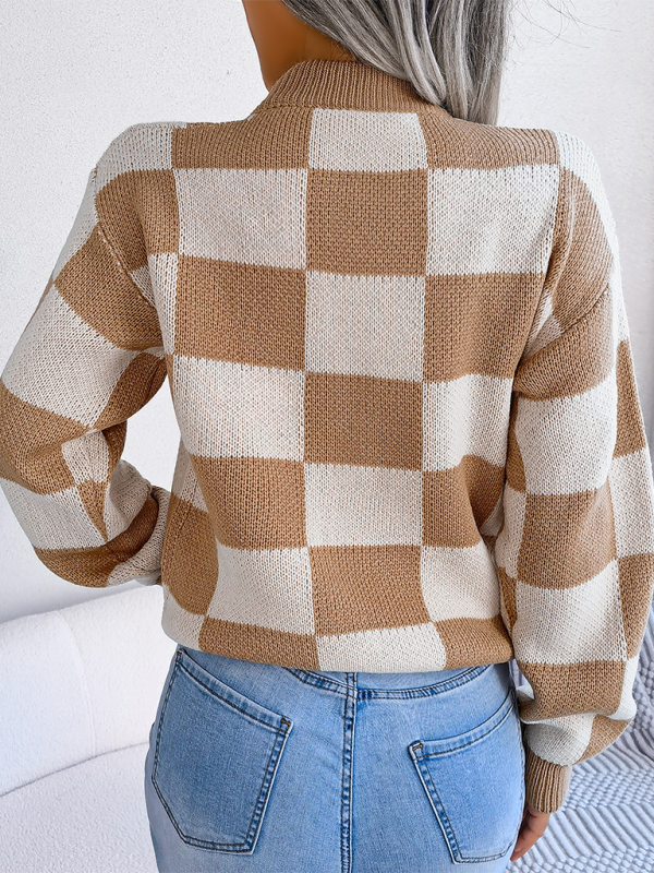 Plaid Knit Long Sleeve Pullover Sweater