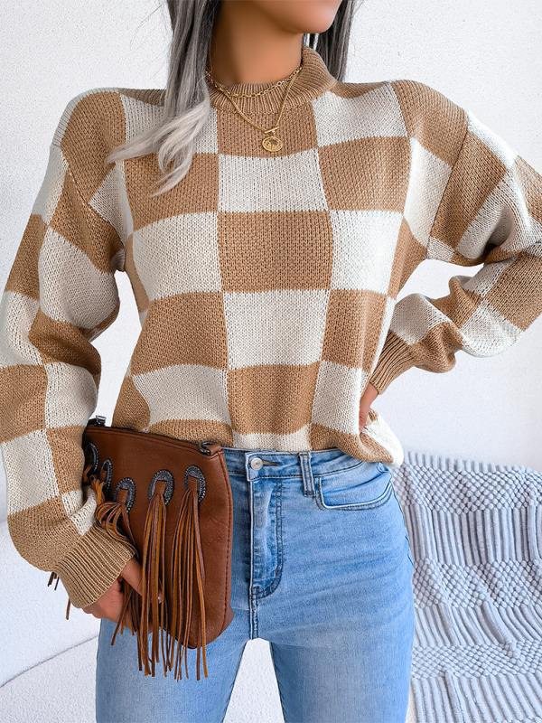 Plaid Knit Long Sleeve Pullover Sweater