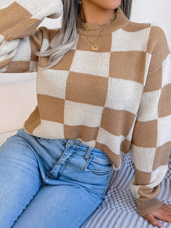 Plaid Knit Long Sleeve Pullover Sweater