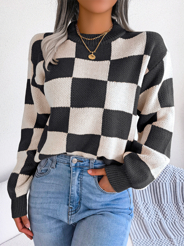 Plaid Knit Long Sleeve Pullover Sweater