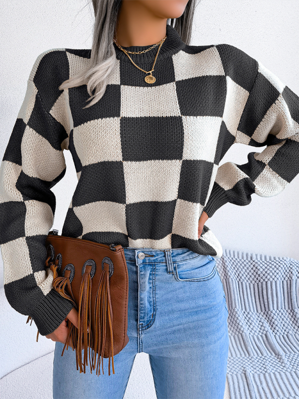 Plaid Knit Long Sleeve Pullover Sweater