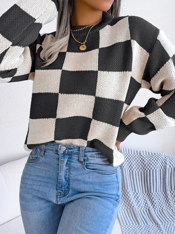 Plaid Knit Long Sleeve Pullover Sweater