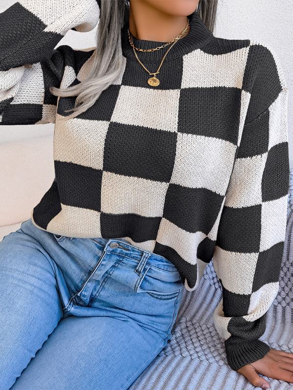 Plaid Knit Long Sleeve Pullover Sweater