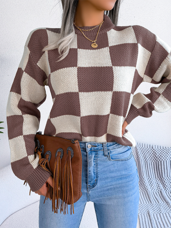 Plaid Knit Long Sleeve Pullover Sweater