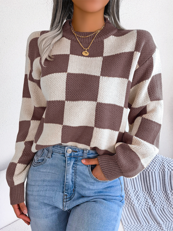 Plaid Knit Long Sleeve Pullover Sweater