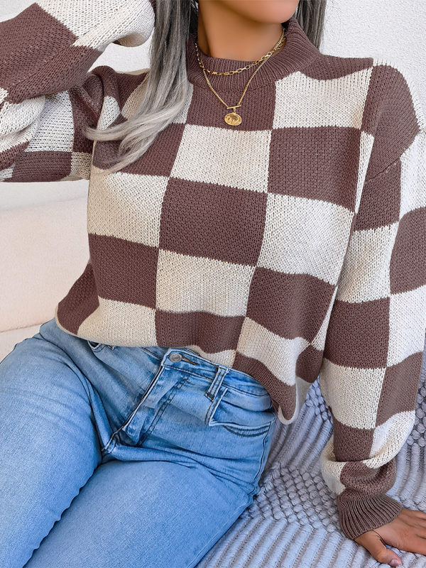 Plaid Knit Long Sleeve Pullover Sweater