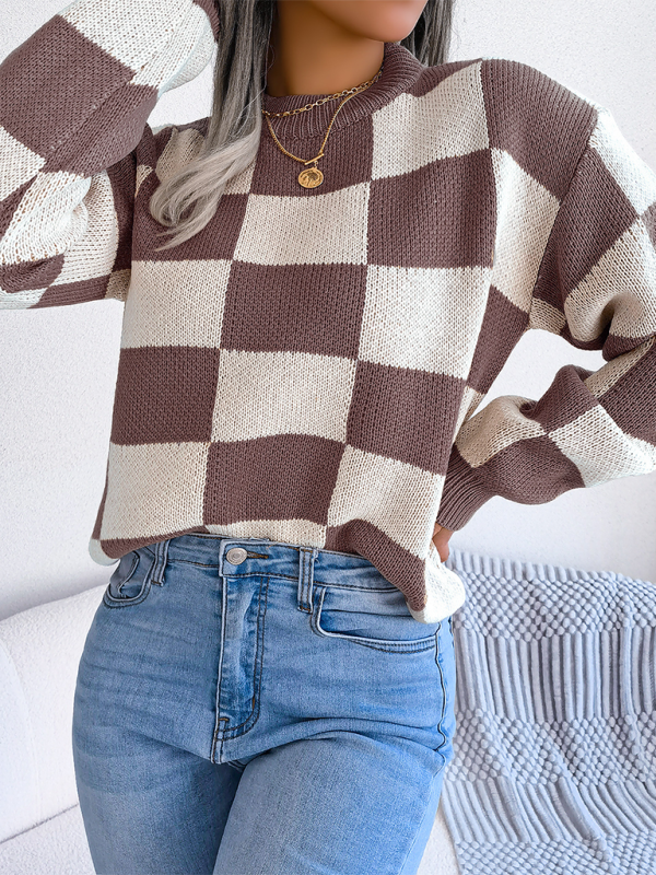 Plaid Knit Long Sleeve Pullover Sweater