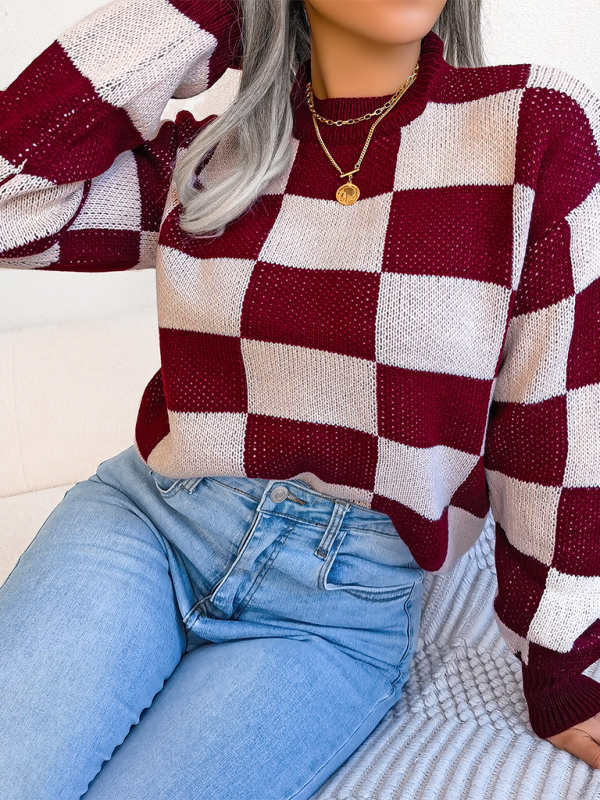 Plaid Knit Long Sleeve Pullover Sweater