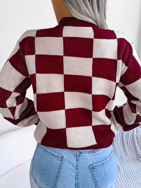 Plaid Knit Long Sleeve Pullover Sweater