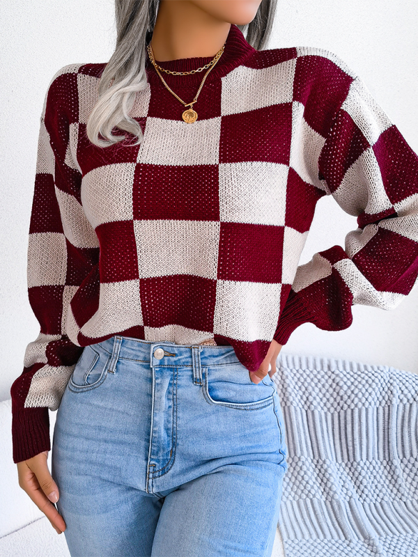 Plaid Knit Long Sleeve Pullover Sweater