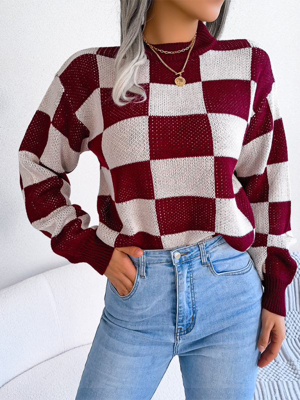 Plaid Knit Long Sleeve Pullover Sweater