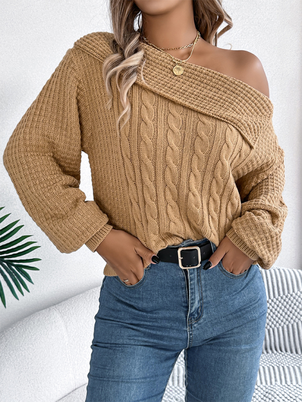 Slanted Off-the-shoulder Lapel Long Sleeve Cable Sweater