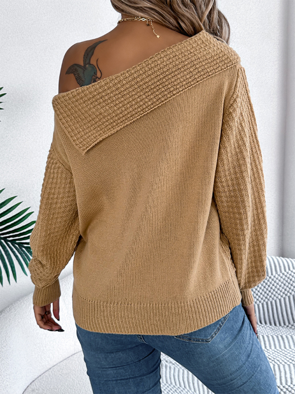 Slanted Off-the-shoulder Lapel Long Sleeve Cable Sweater