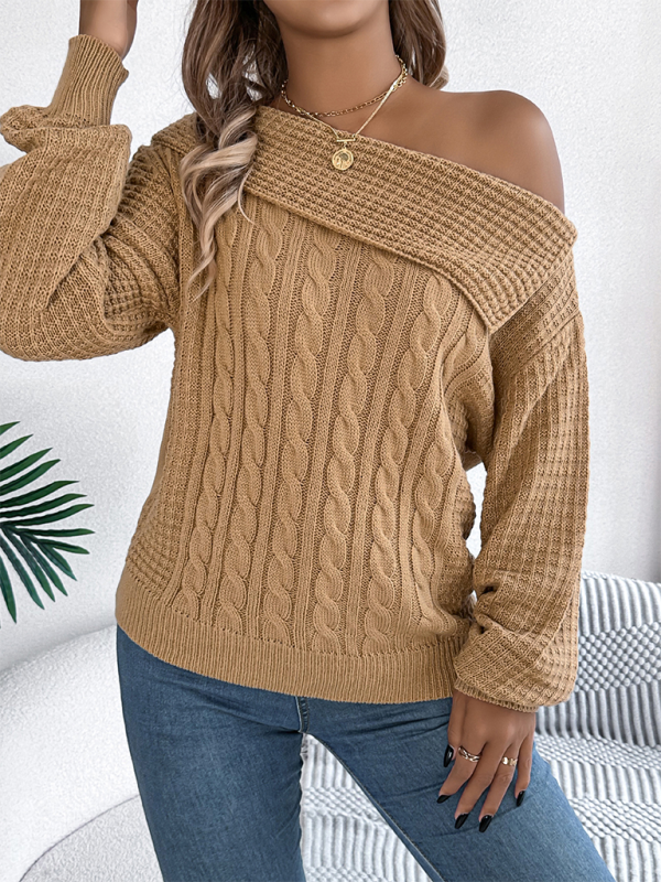 Slanted Off-the-shoulder Lapel Long Sleeve Cable Sweater