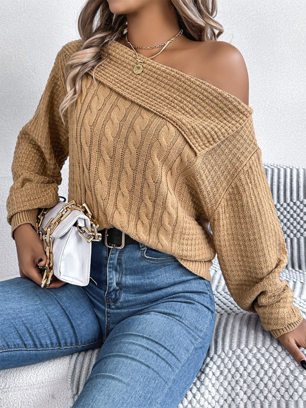 Slanted Off-the-shoulder Lapel Long Sleeve Cable Sweater