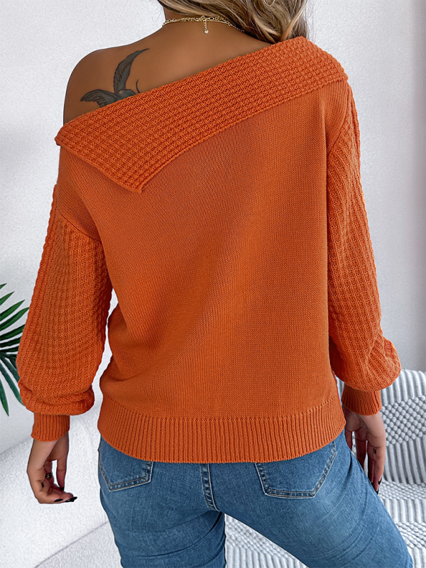 Slanted Off-the-shoulder Lapel Long Sleeve Cable Sweater