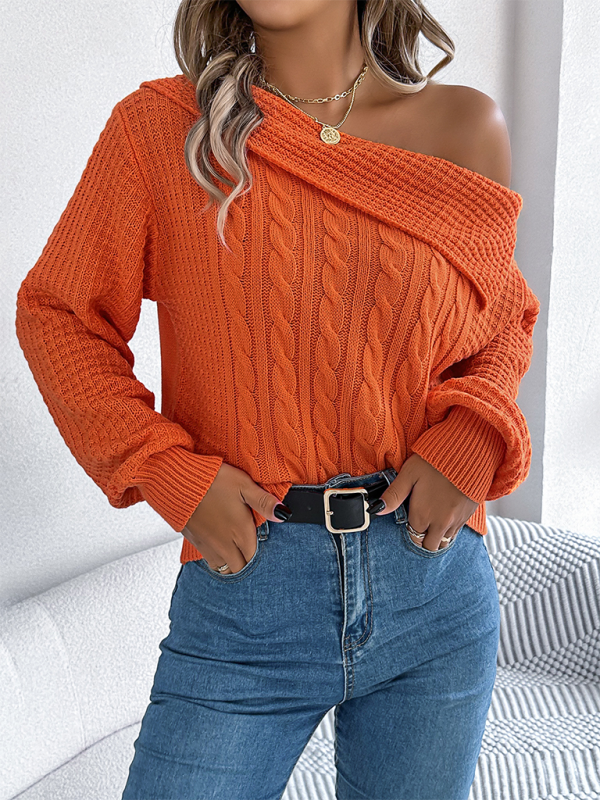 Slanted Off-the-shoulder Lapel Long Sleeve Cable Sweater