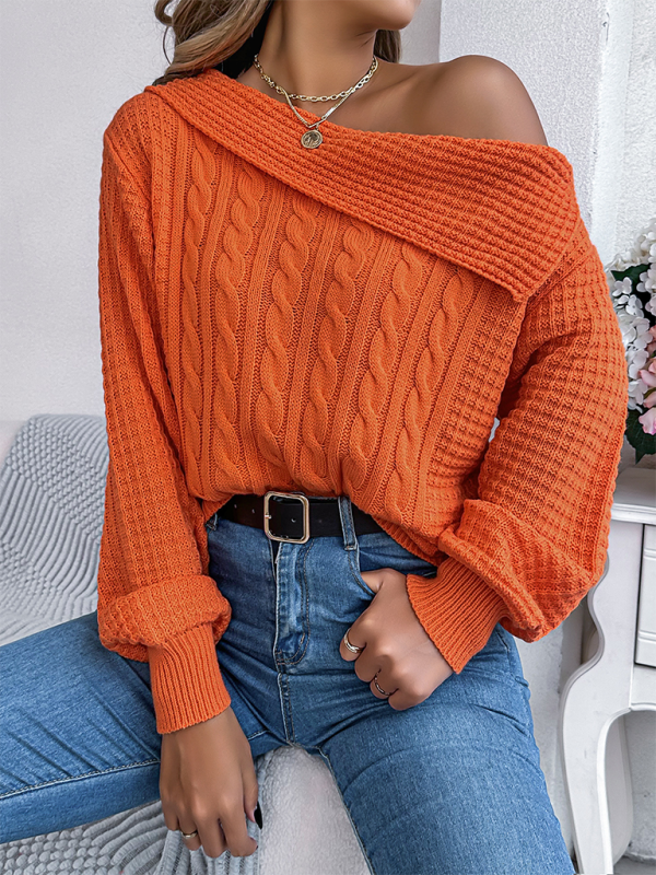 Slanted Off-the-shoulder Lapel Long Sleeve Cable Sweater