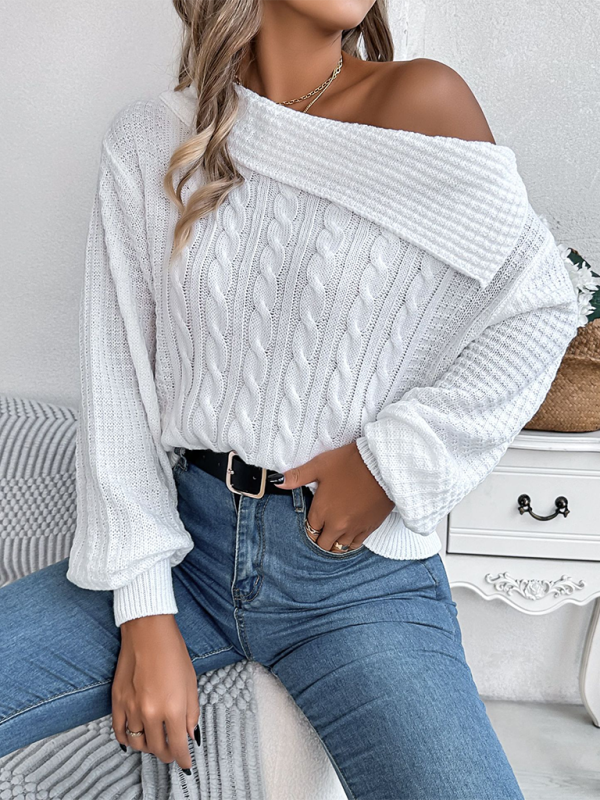 Slanted Off-the-shoulder Lapel Long Sleeve Cable Sweater