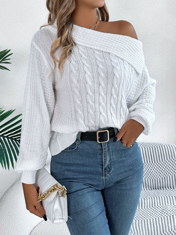 Slanted Off-the-shoulder Lapel Long Sleeve Cable Sweater