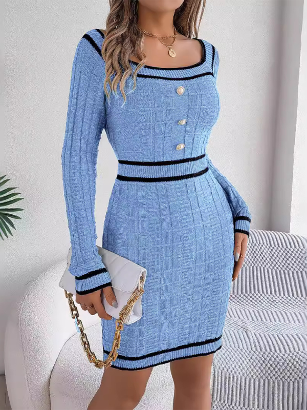 Square Neck Button Long Sleeve Sweater Dress