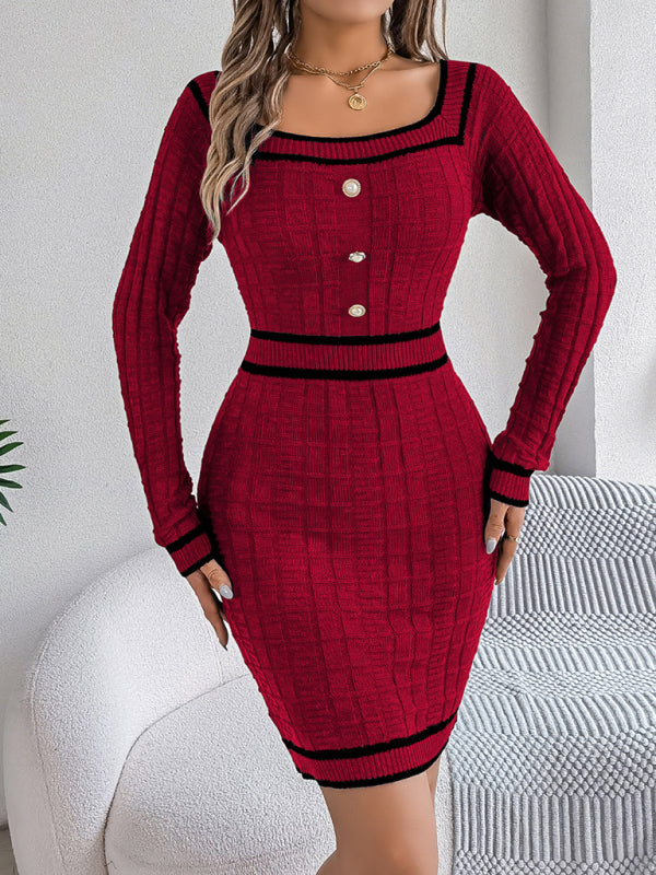 Square Neck Button Long Sleeve Sweater Dress