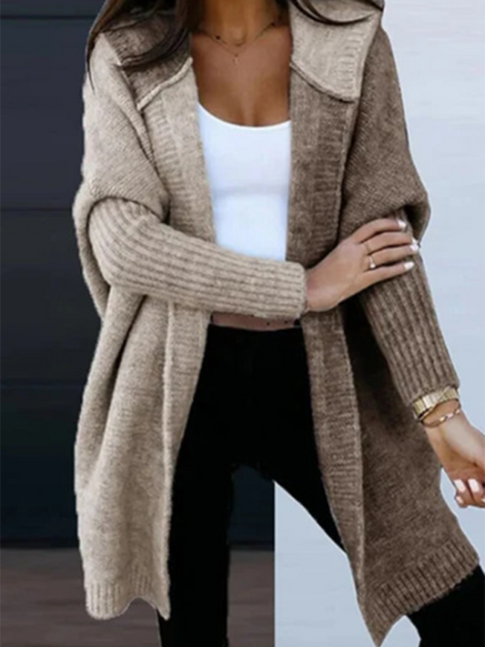 Knit Hooded Open-front Loose Long-sleeve Cardigan