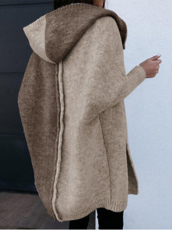 Knit Hooded Open-front Loose Long-sleeve Cardigan