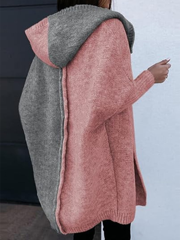 Knit Hooded Open-front Loose Long-sleeve Cardigan