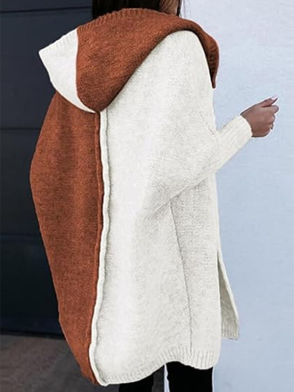 Knit Hooded Open-front Loose Long-sleeve Cardigan