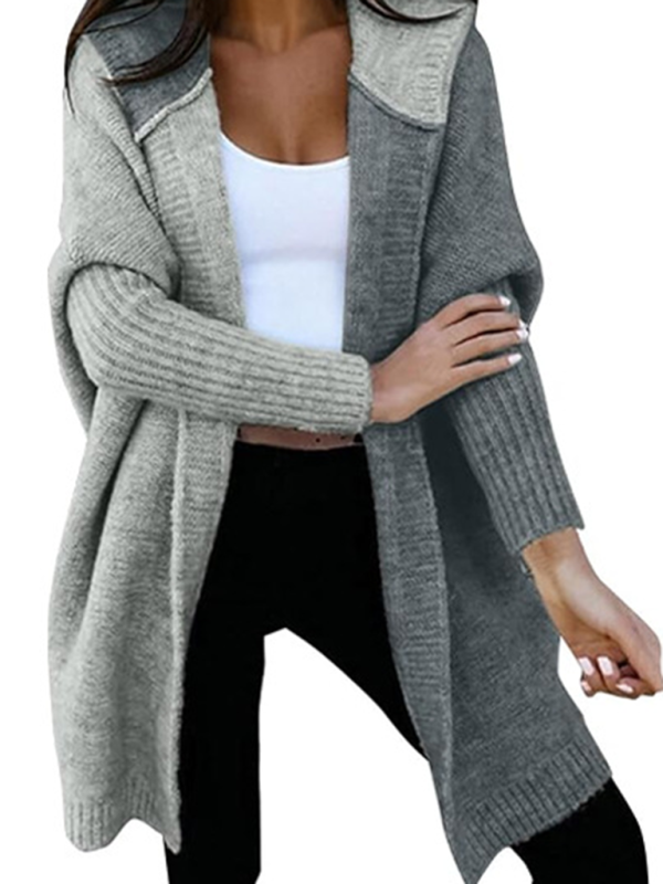 Knit Hooded Open-front Loose Long-sleeve Cardigan