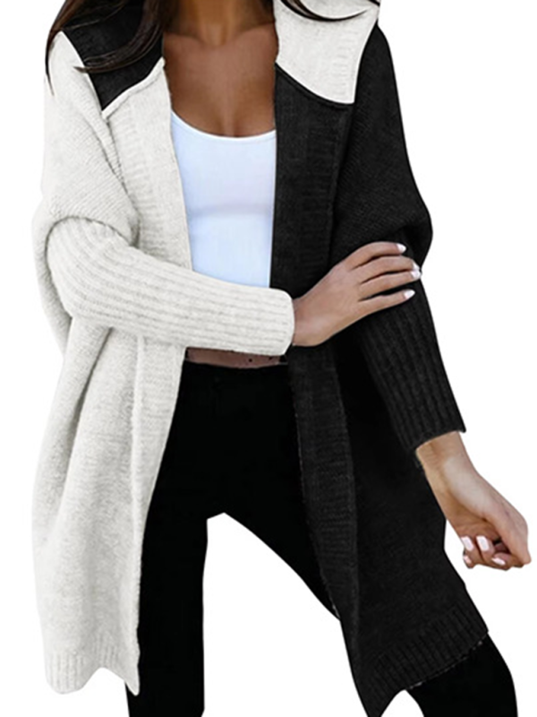 Knit Hooded Open-front Loose Long-sleeve Cardigan