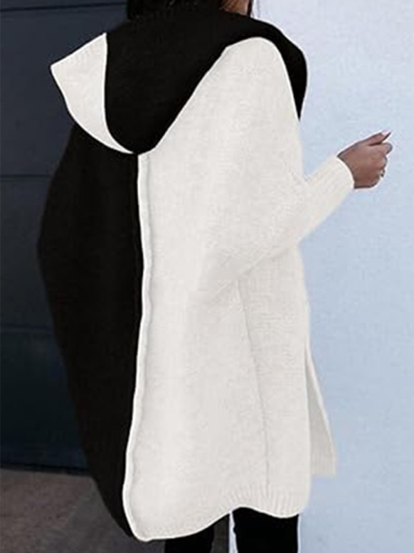 Knit Hooded Open-front Loose Long-sleeve Cardigan