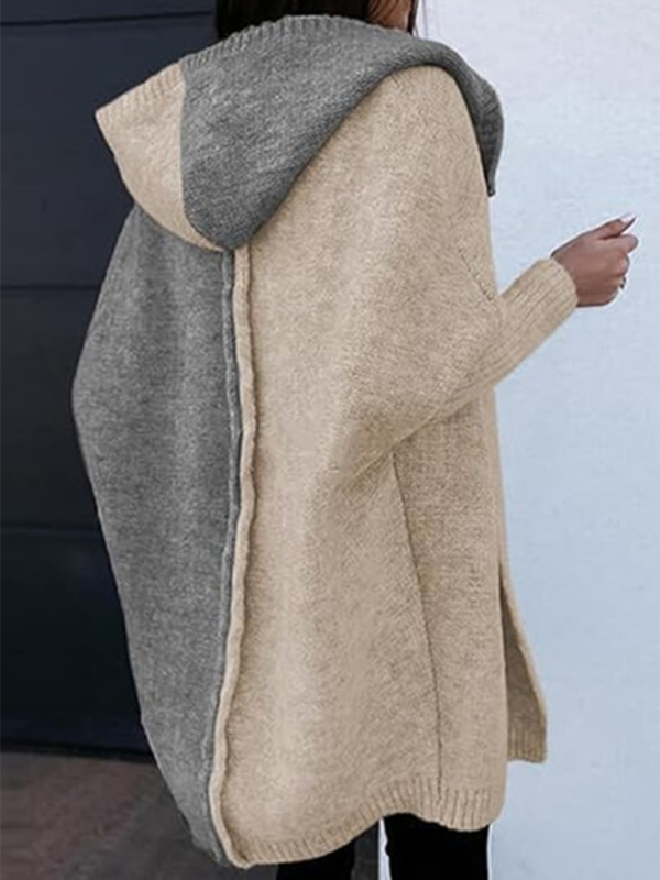 Knit Hooded Open-front Loose Long-sleeve Cardigan