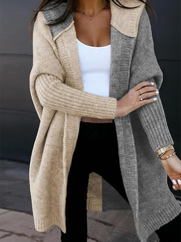 Knit Hooded Open-front Loose Long-sleeve Cardigan