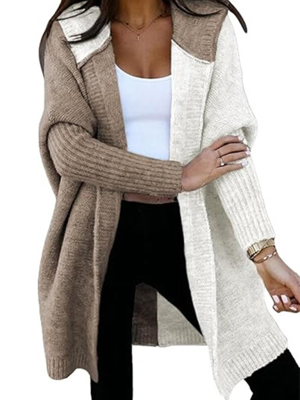 Knit Hooded Open-front Loose Long-sleeve Cardigan