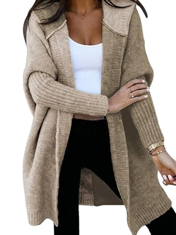 Knit Hooded Open-front Loose Long-sleeve Cardigan