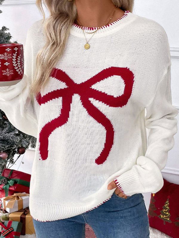 Bow Print Crewneck Christmas Long Sleeve Sweater