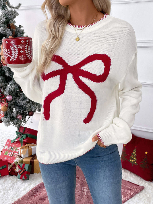 Bow Print Crewneck Christmas Long Sleeve Sweater