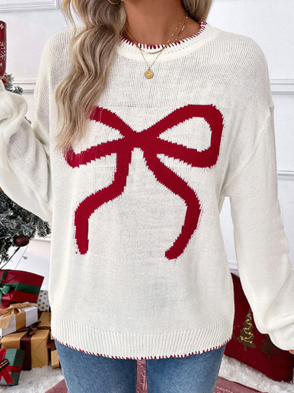 Bow Print Crewneck Christmas Long Sleeve Sweater