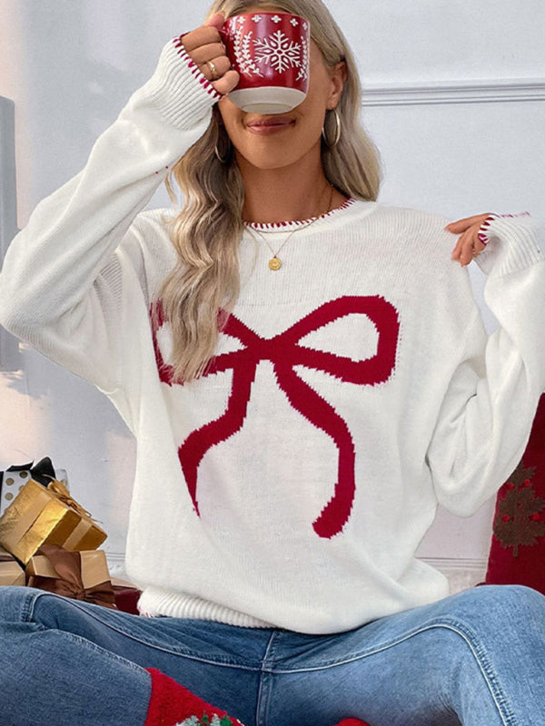 Bow Print Crewneck Christmas Long Sleeve Sweater